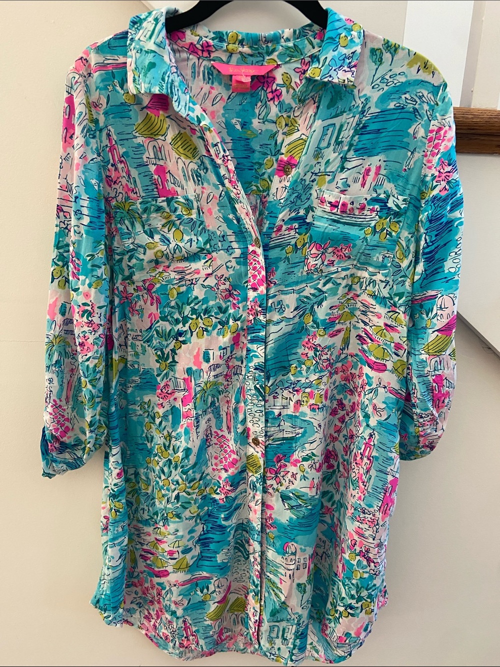 Lilly Pulitzer Turquoise Pink Green Floral Button-Down Shirt/ light weight beach